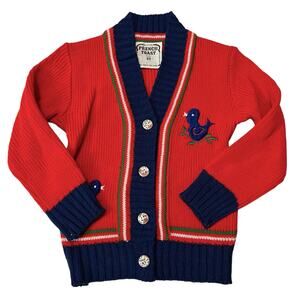 Vintage French Toast 3T Red Knit Cardigan Bird Embroidered Sweater